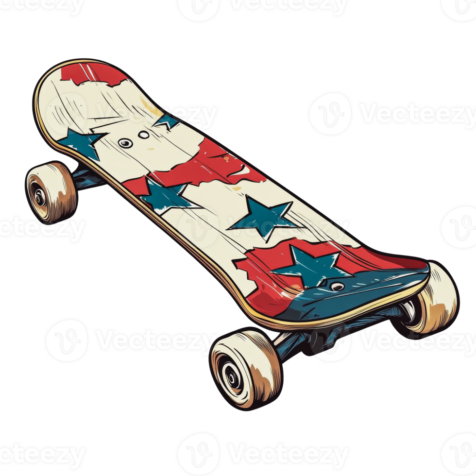Vintage skateboard with red, white, and blue design featuring stars, placed on a white background png