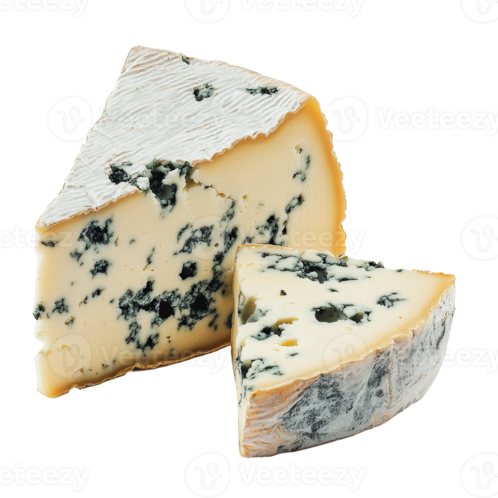 azul queso cuña con un rebanada cortar fuera exhibiendo el cremoso textura y azul las venas en un blanco antecedentes png