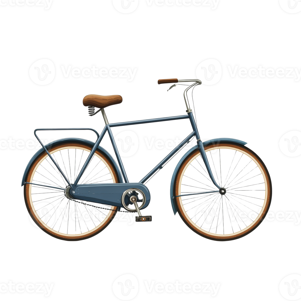 Classic blue bicycle with brown accents against a white background png