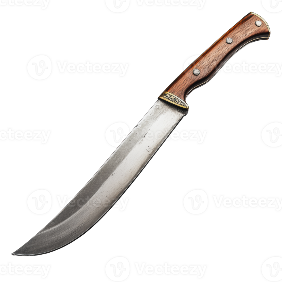 A curved knife with a wooden handle resting on a white background png