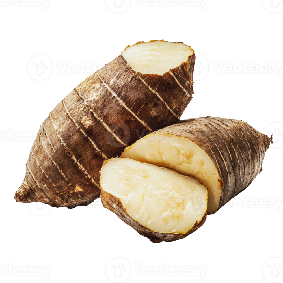 Fresh taro root with cut sections showing creamy texture on a white background png