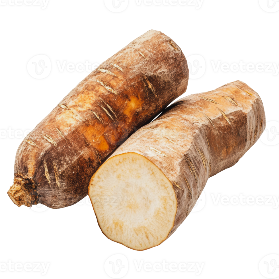 Fresh taro root on a white background, showcasing its rough exterior and inner texture png
