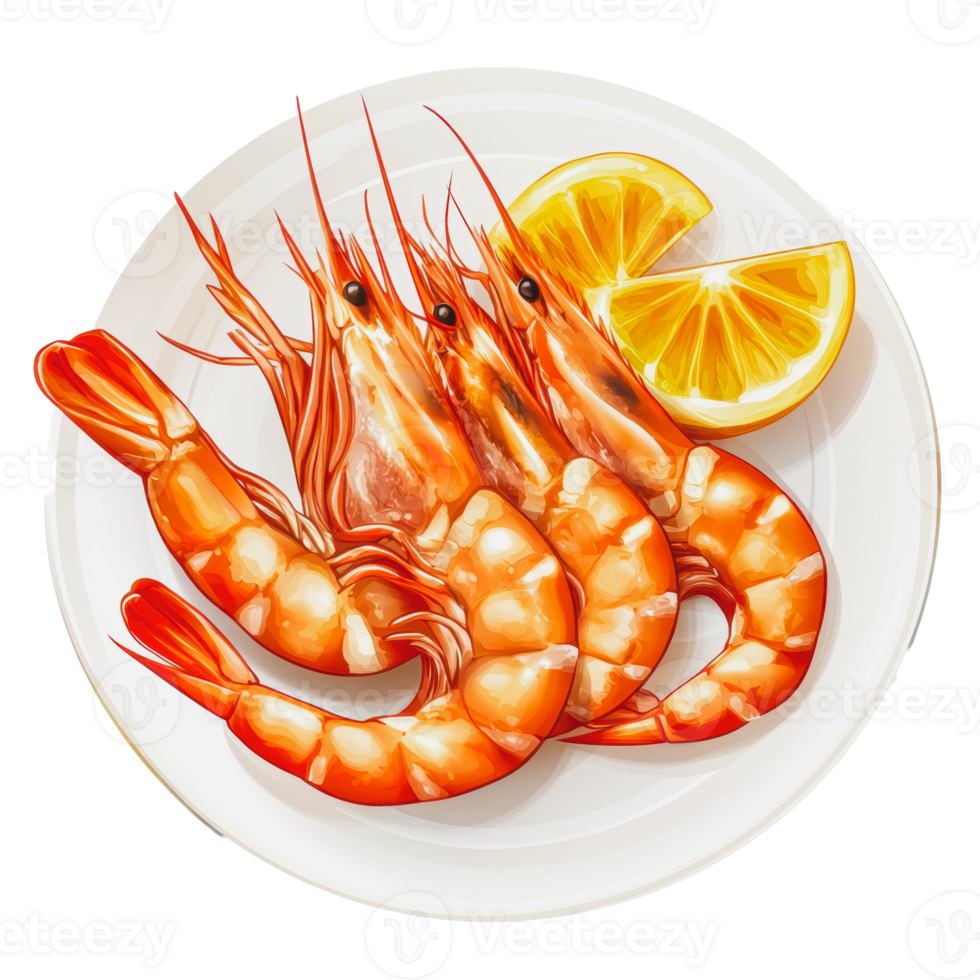 Freshly cooked shrimp served with a slice of lemon on a white plate png