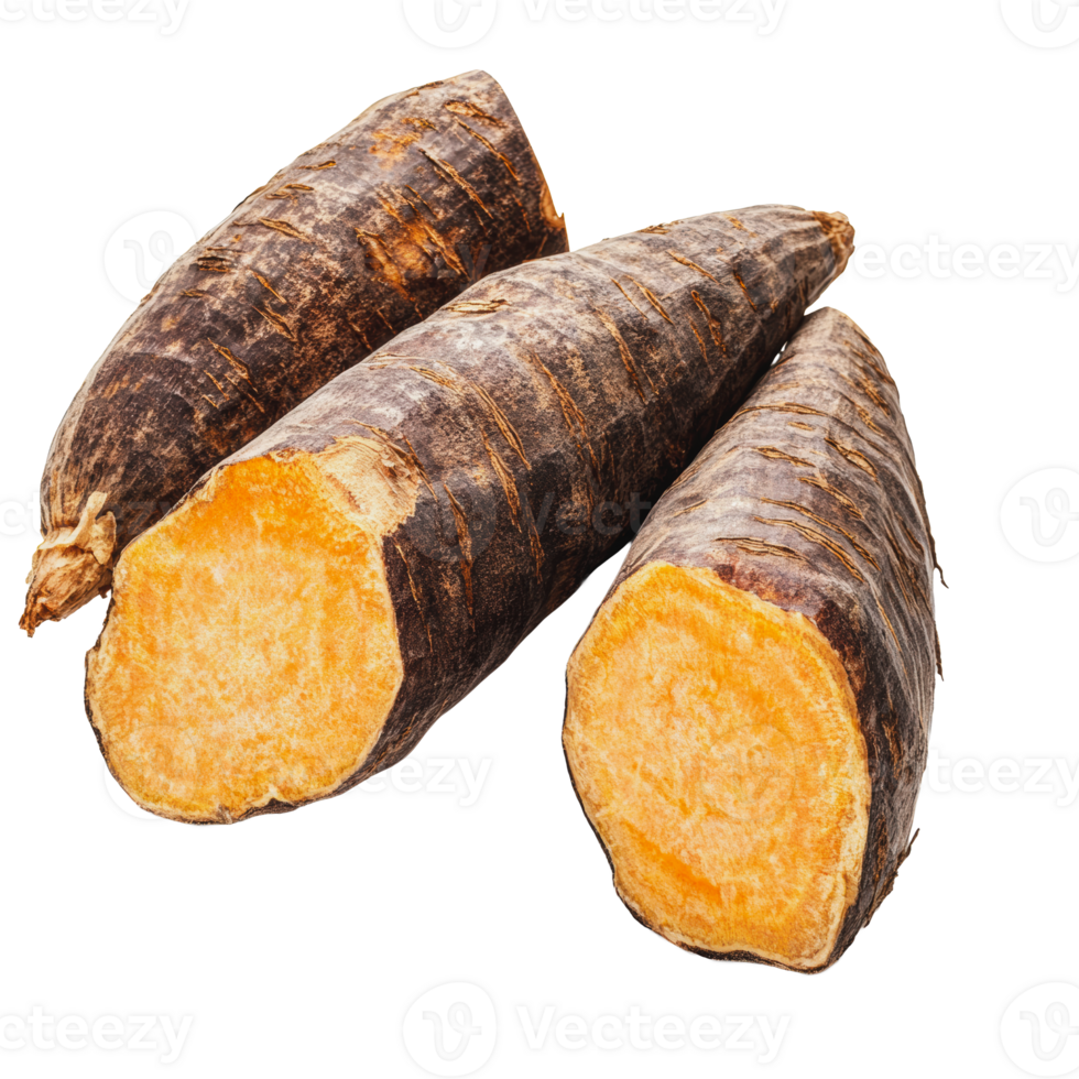 Freshly harvested sweet potatoes displayed on a white background, showcasing their vibrant orange flesh and rough exterior png