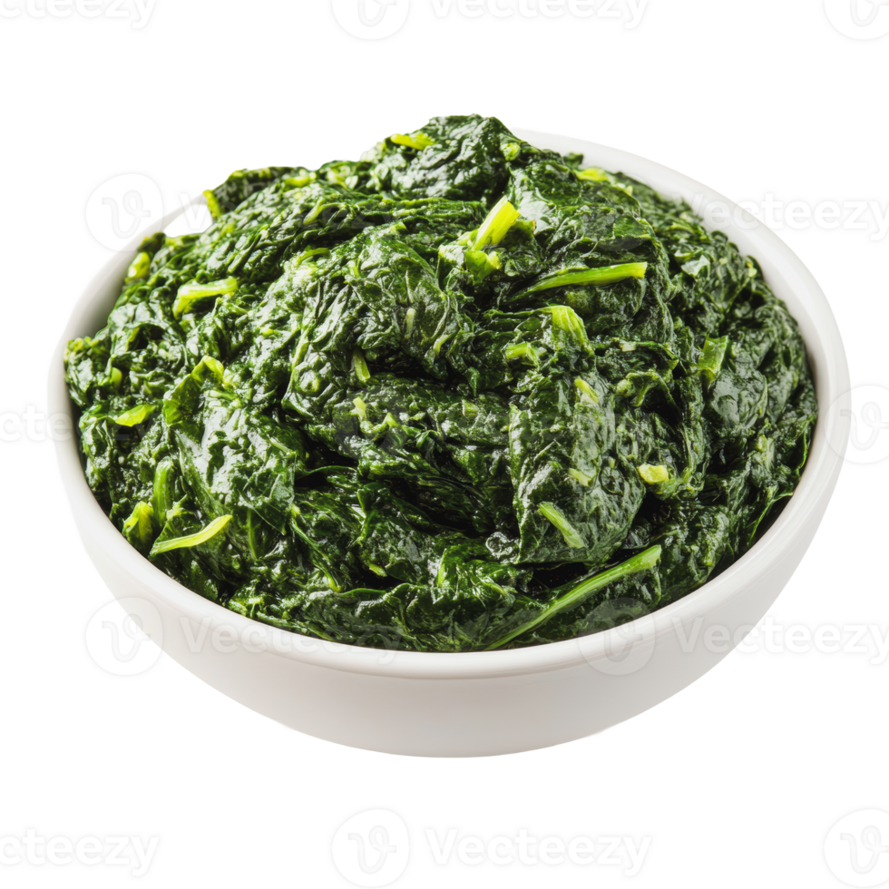 Freshly prepared spinach served in a white bowl, highlighting its vibrant green color and texture png