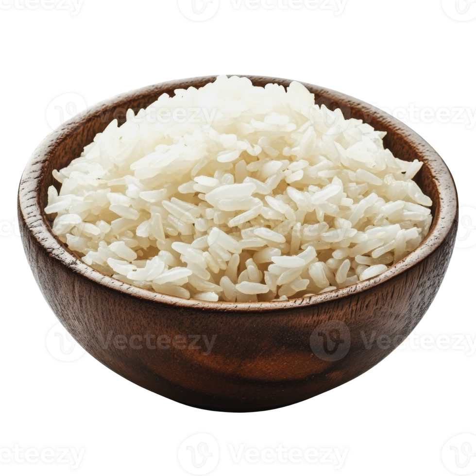 A wooden bowl filled with fresh white rice on a plain background png