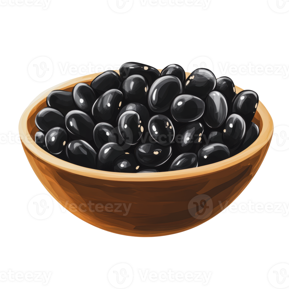 A wooden bowl filled with black beans on a white background png