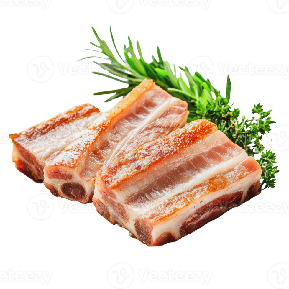 Freshly sliced pork belly with herbs on a white background png