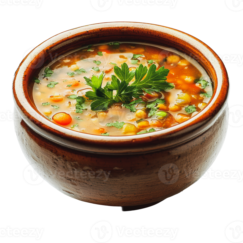A bowl of colorful vegetable soup with fresh parsley garnish on a white background png