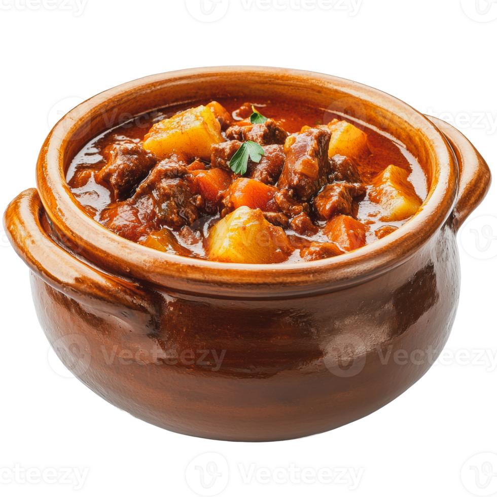 Hearty beef stew with vegetables in a clay pot on a white background png