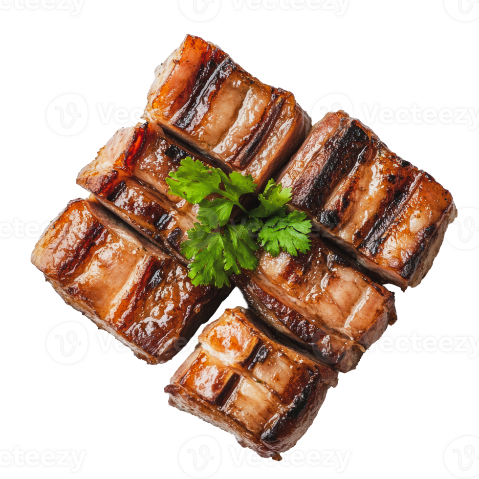 Grilled meat pieces served with fresh cilantro on a white background png