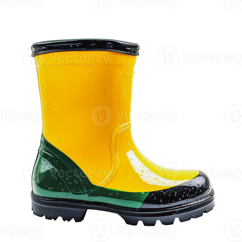 Bright yellow and green rain boot on a white background with water droplets png
