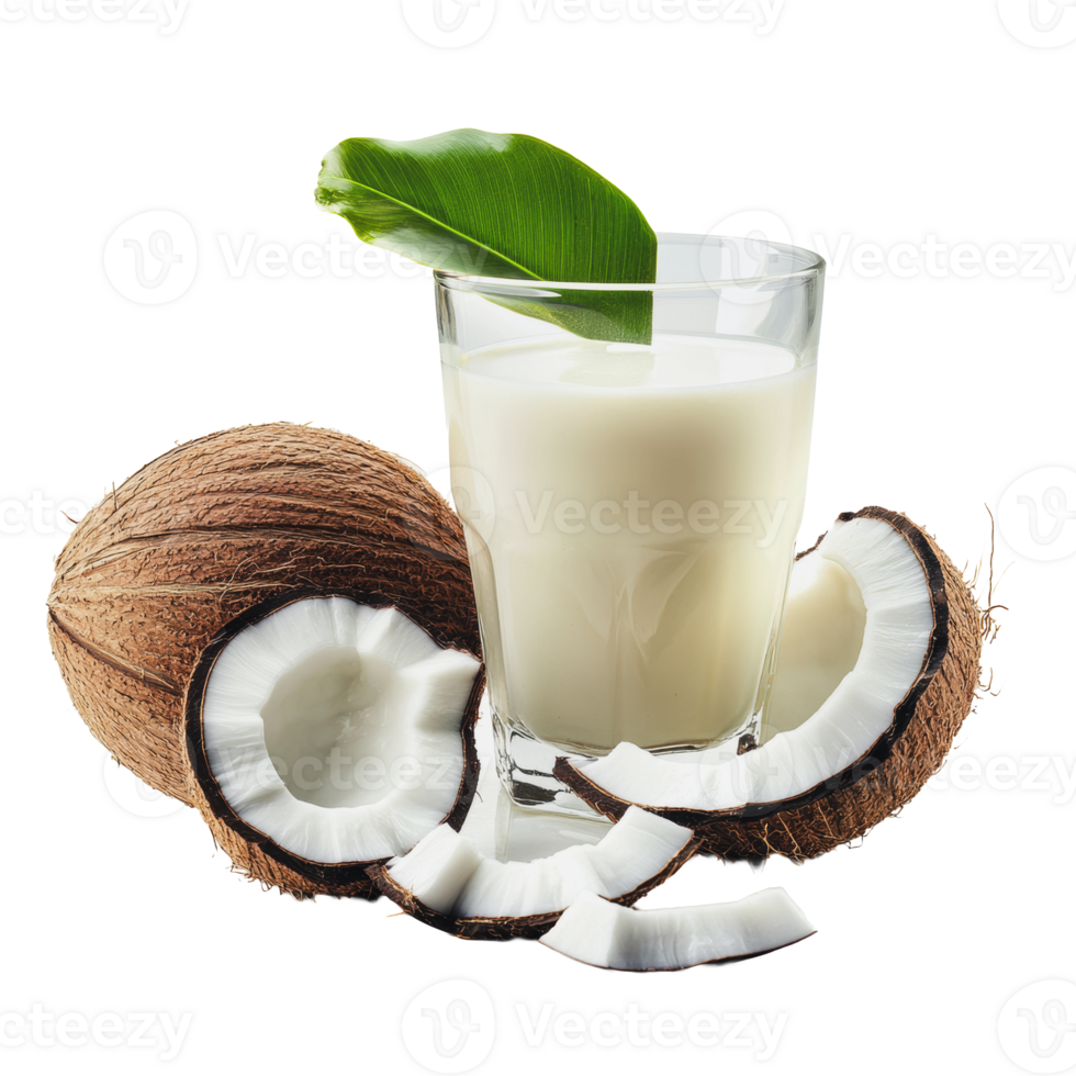 Fresh coconut milk served in a glass with coconut shells and a green leaf on a white background png