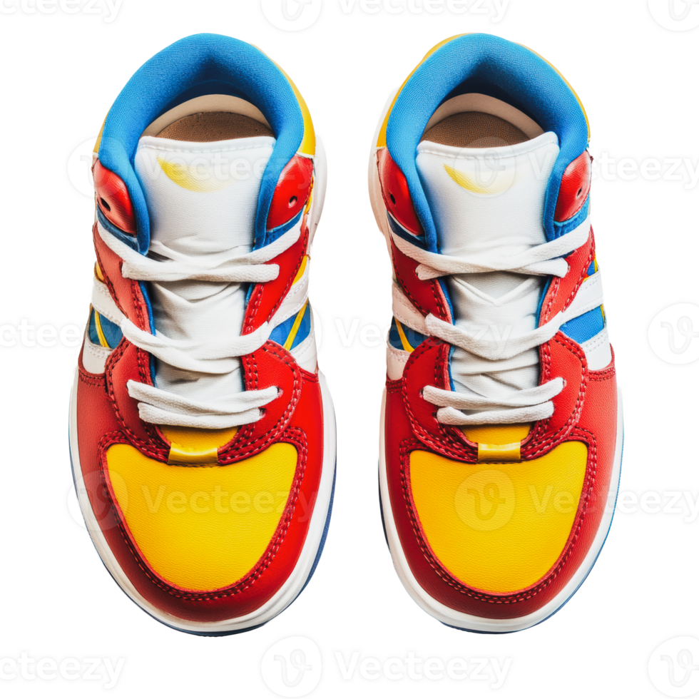 Colorful athletic shoes featuring red, yellow, and blue design on a white background, highlighting contemporary sneaker style png
