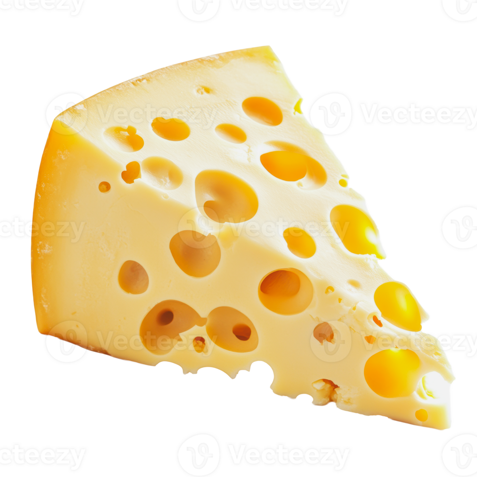 A triangular wedge of Swiss cheese with characteristic holes on a white background png