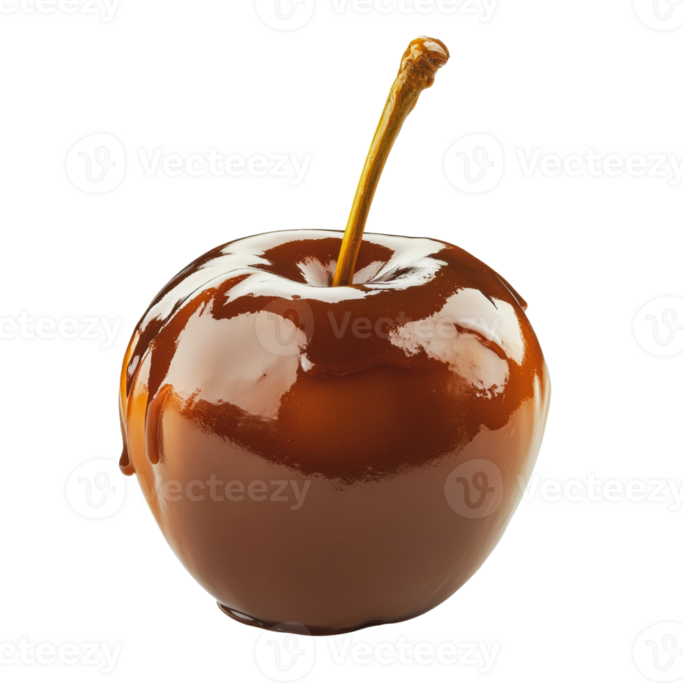 A shiny caramel apple with a long stem rests on a white background png