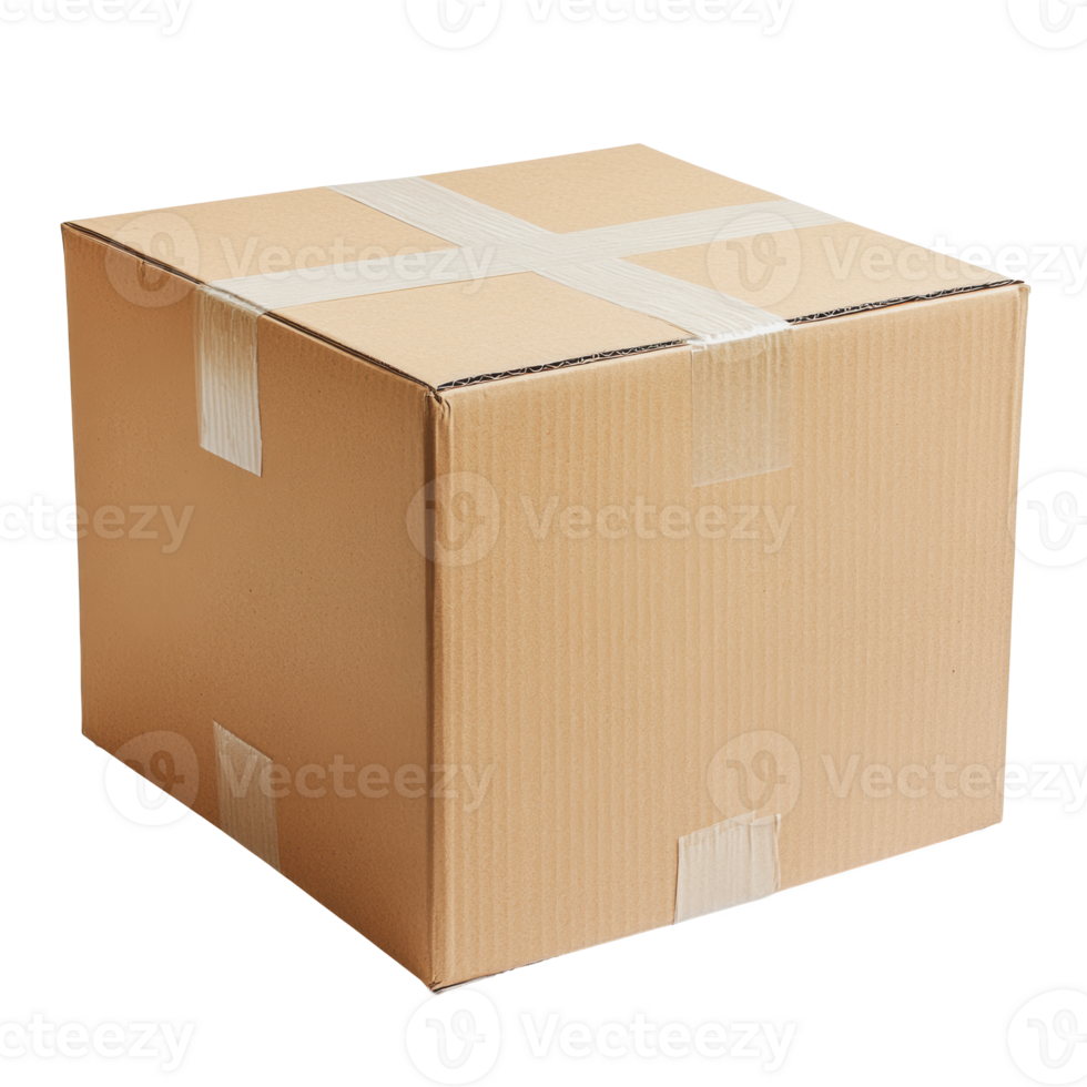 Brown cardboard box with tape ready for shipping on a white background png
