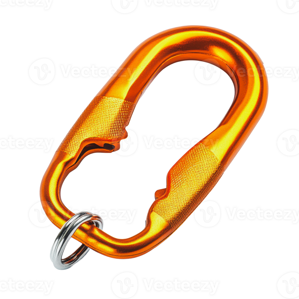 Bright orange carabiner clip for climbing and outdoor activities on a white background png