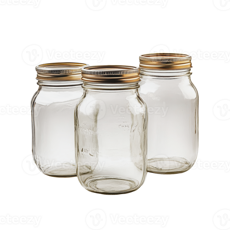 Three empty glass jars with metal lids on a white background png