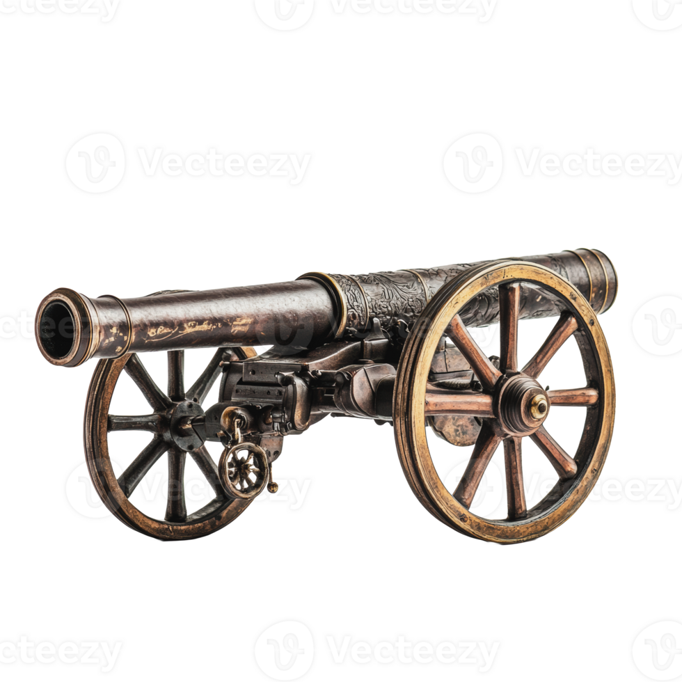 Antique cannon displayed on a white background highlighting its intricate design and craftsmanship png