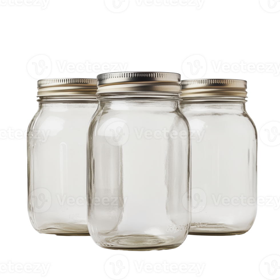 Three clear glass jars with metal lids arranged together on a white background png