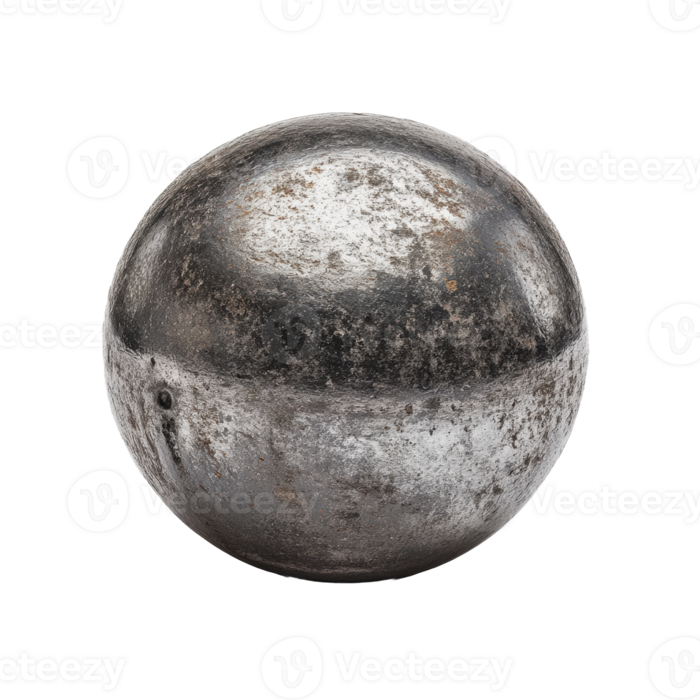 A weathered iron ball resting on a clean white background, showcasing its rough texture and imperfections png