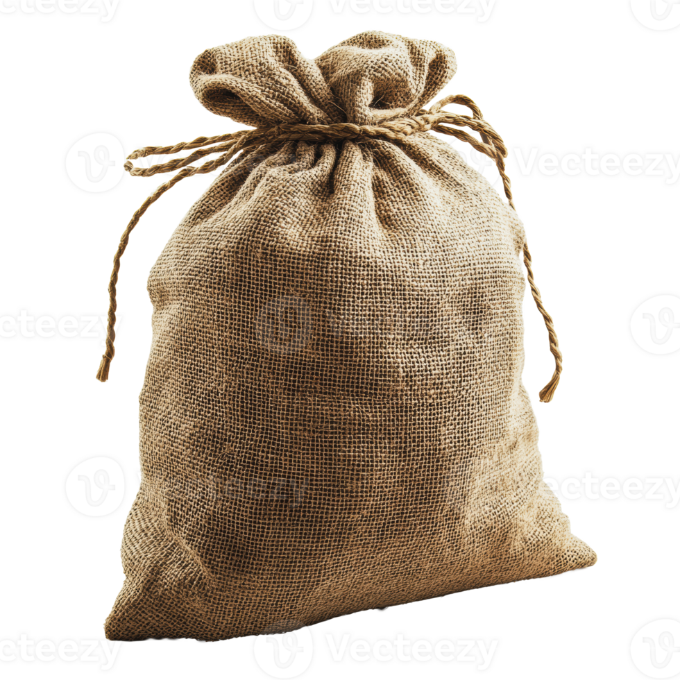 Burlap sack filled with goods tied with a rope against a plain background png