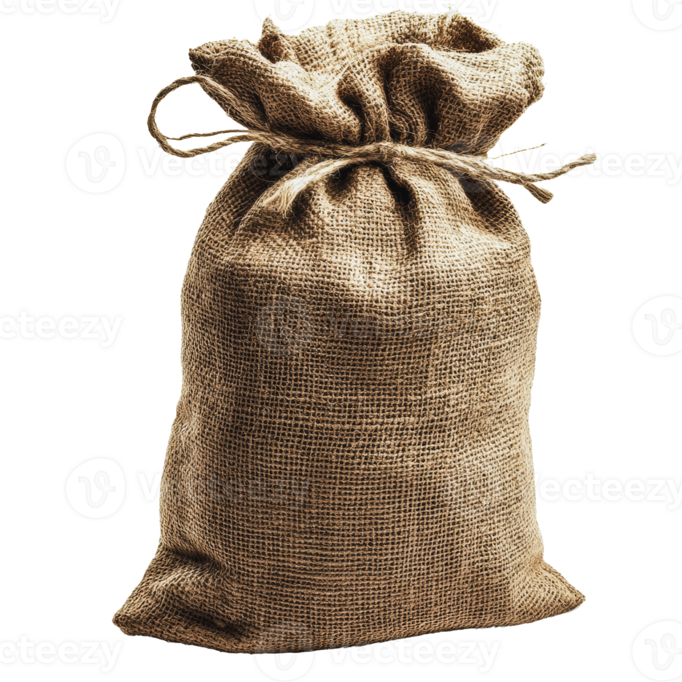 A burlap sack filled with contents, resting on a flat surface in a natural light setting png