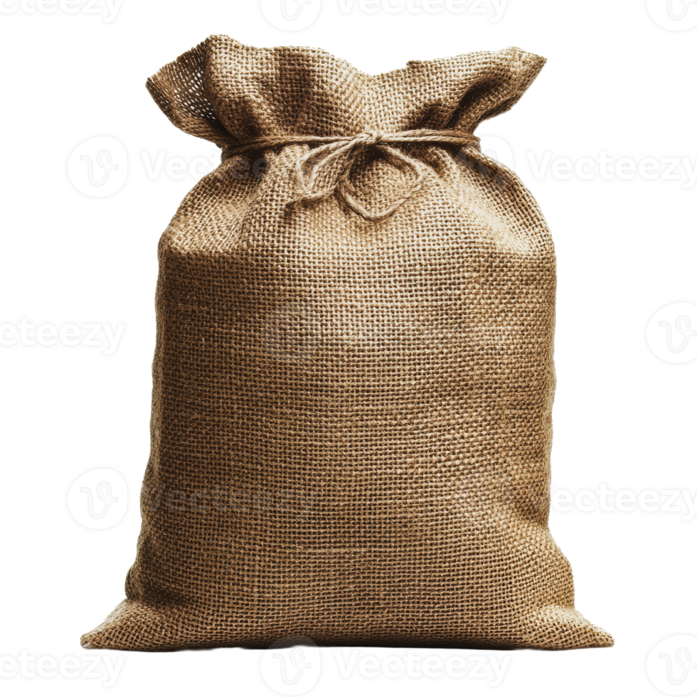 A rustic sack made of burlap, tied at the top, displayed on a plain background, showcasing its texture and shape png
