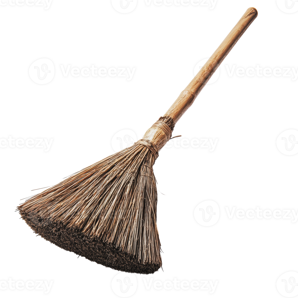Traditional broom with straw bristles on a wooden handle for sweeping indoors or outdoors png
