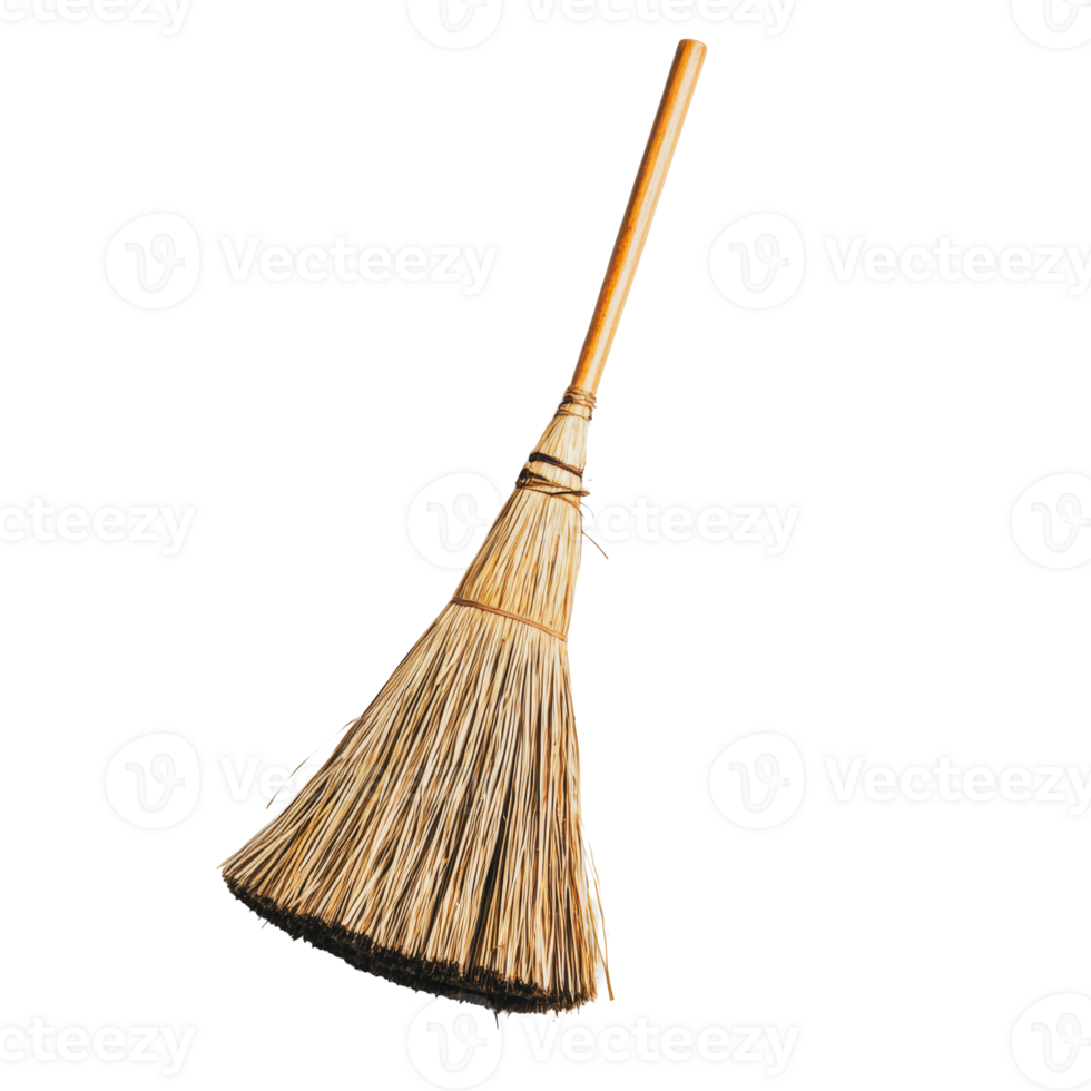 A traditional straw broom with a wooden handle resting on a plain surface, ready for sweeping tasks png