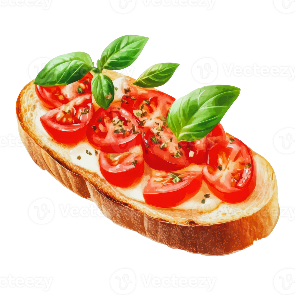 Fresh tomato and basil bruschetta on toasted bread with creamy spread, bright presentation in a clean setting png