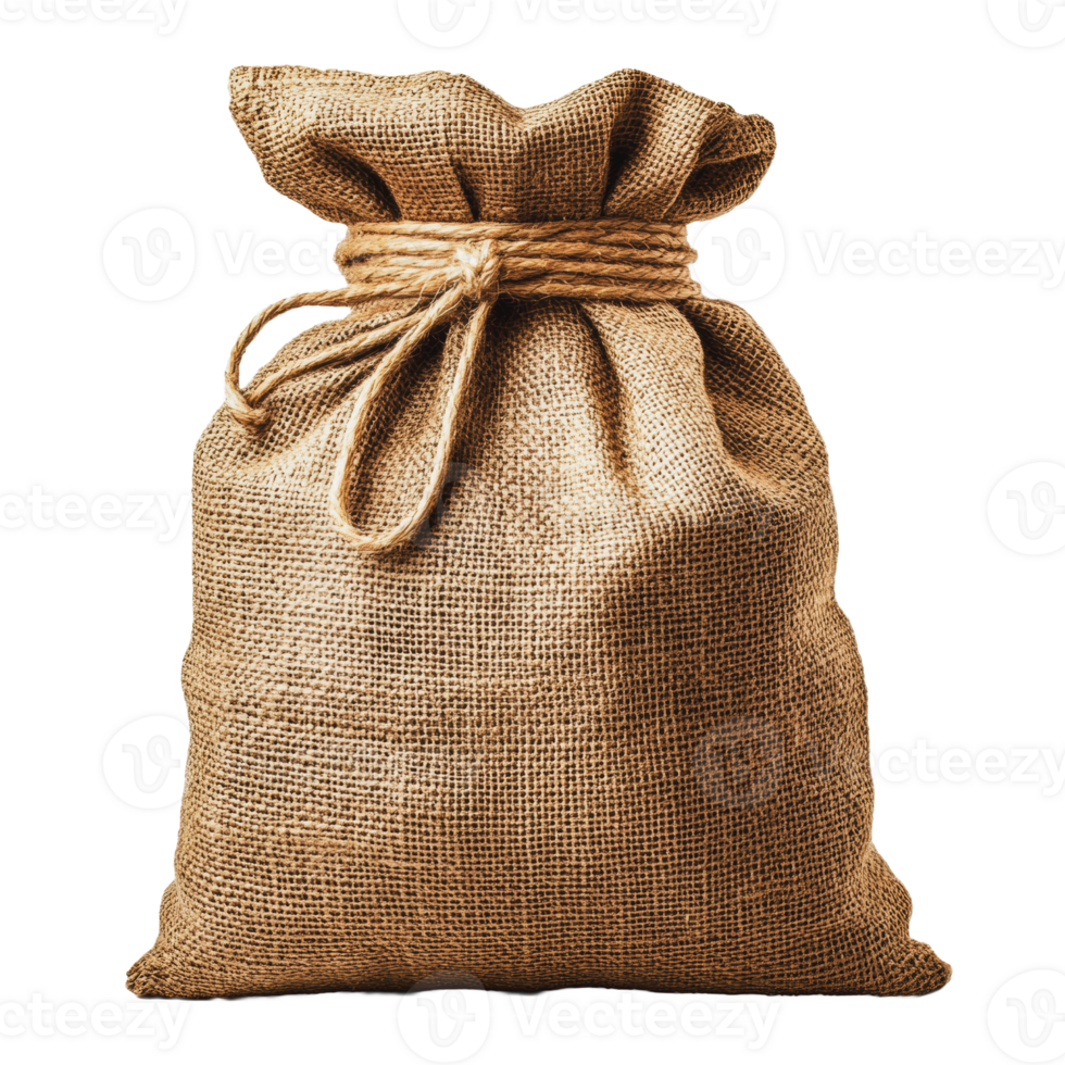 Simple burlap sack filled with contents, tied securely, showcased against a neutral background png