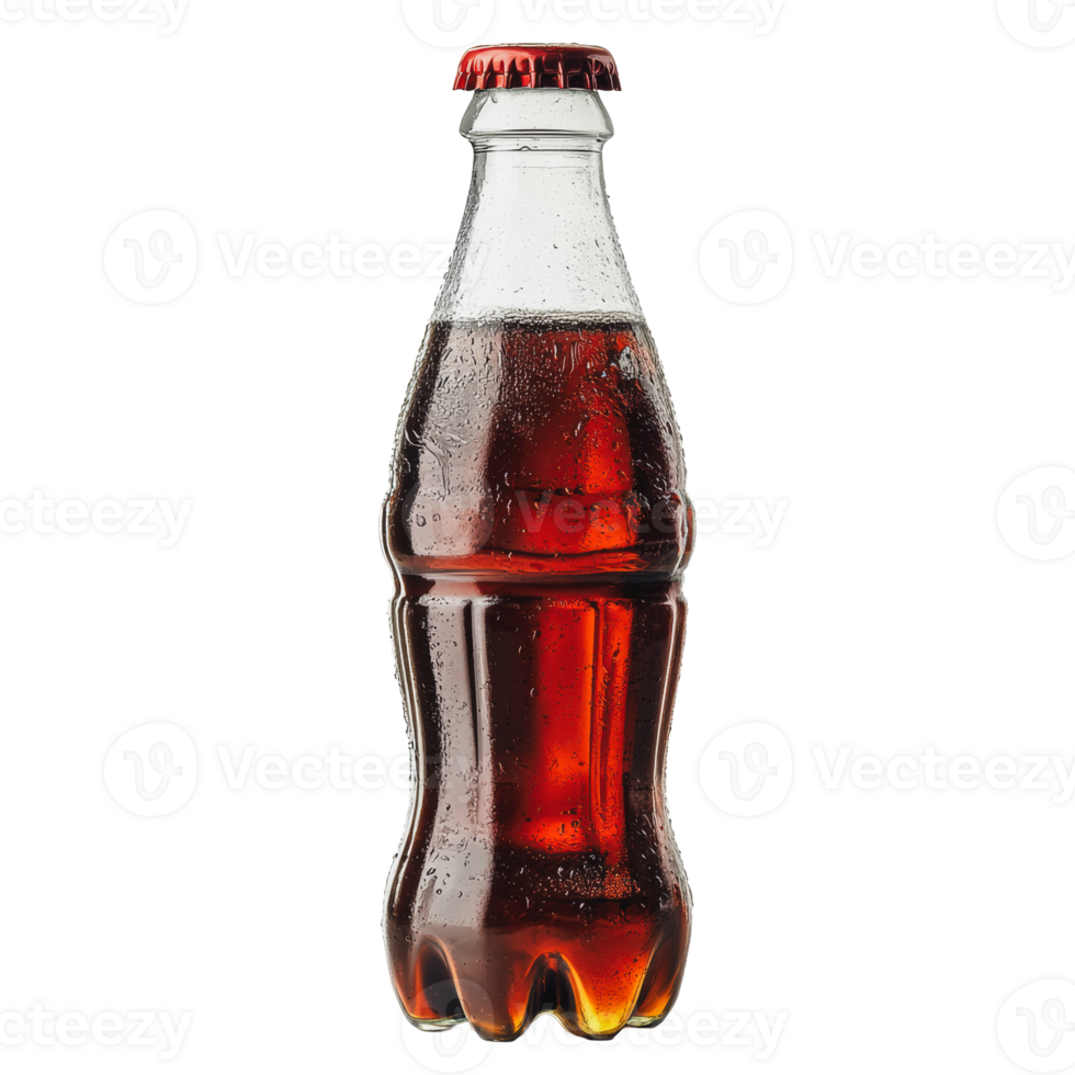 Glass bottle of fizzy soda filled with dark caramel beverage on white background png