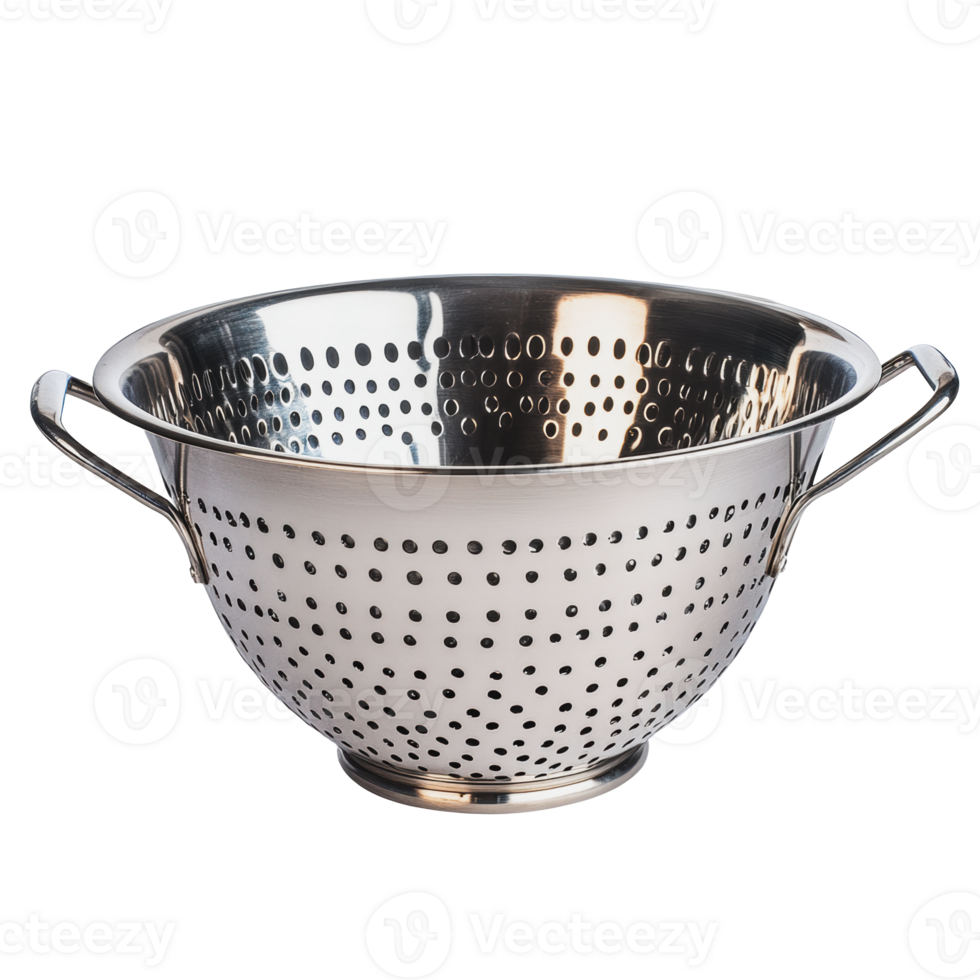 Polished stainless steel colander with handles placed on a white background for kitchen use png