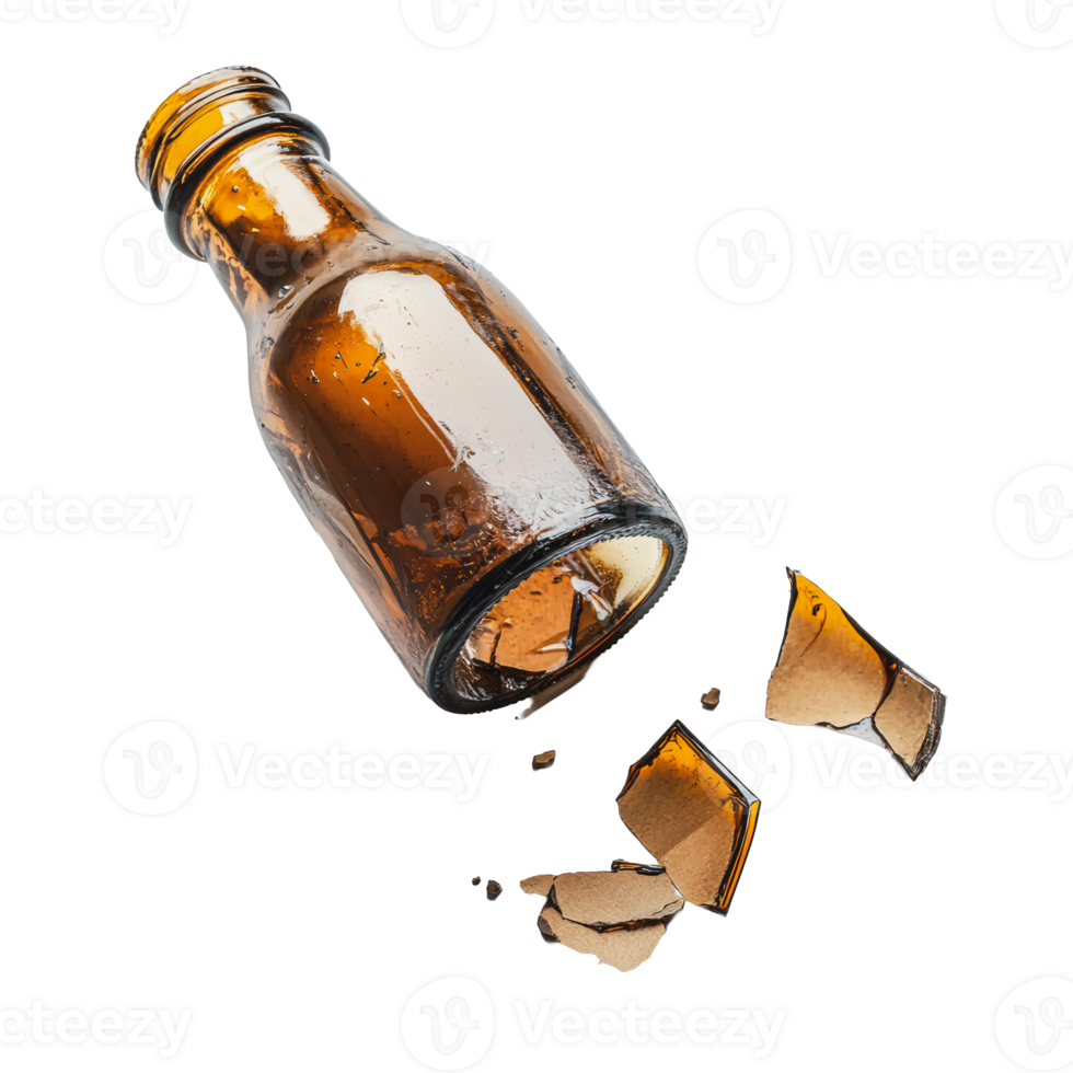 Broken brown glass bottle with shards scattered on a white background png