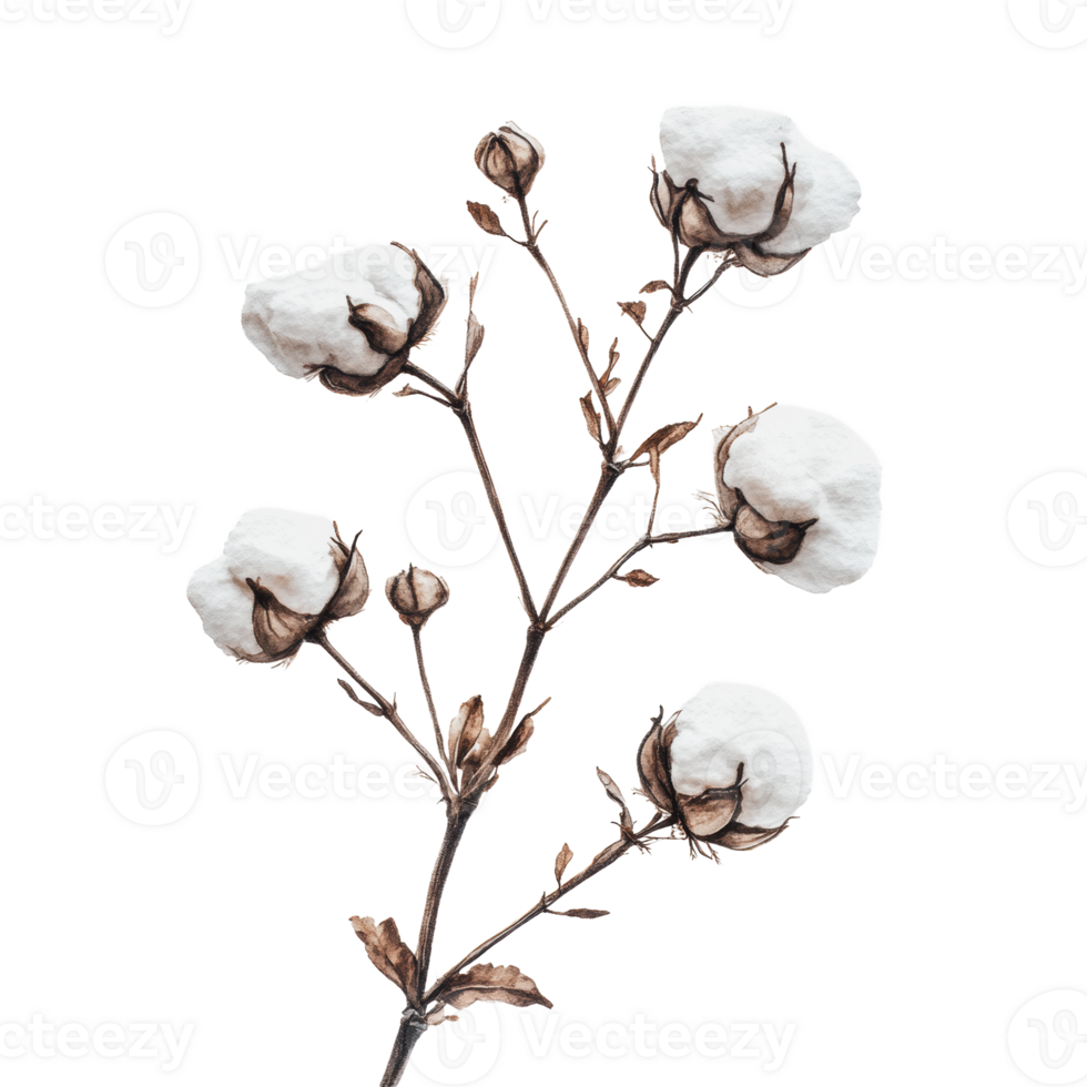 Cotton branch with fluffy bolls on white png