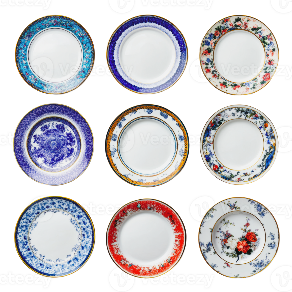 Vintage decorative plates arranged in a grid png