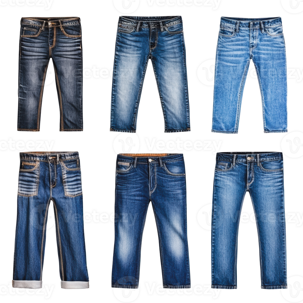 Various styles of blue jeans displayed neatly png