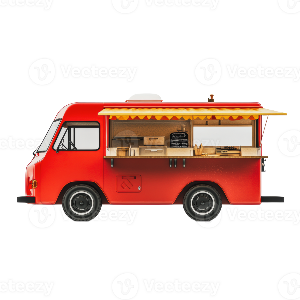 Red food truck on city street daytime png