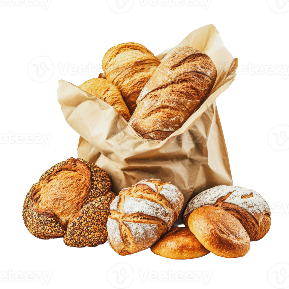 Freshly baked bread in a paper bag on a table png