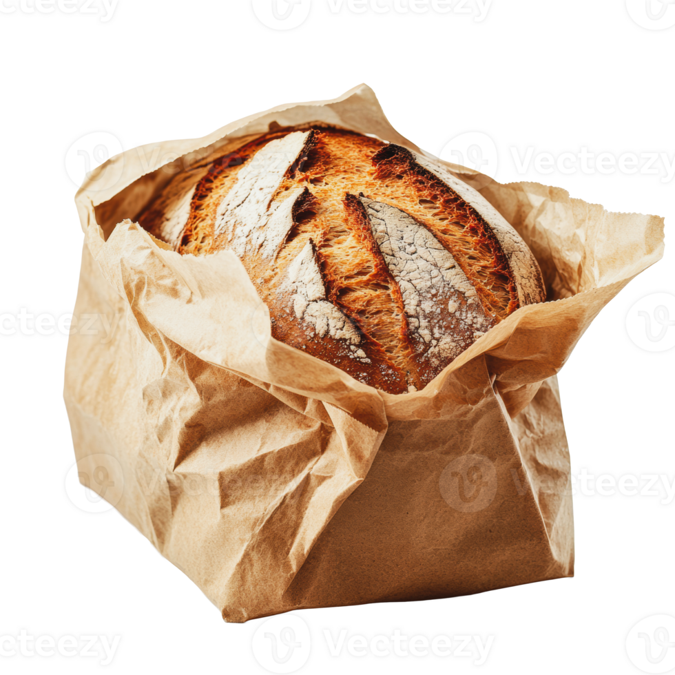 Freshly baked artisanal bread in paper bag png