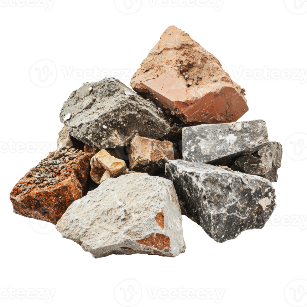 Various rocks piled on a white background png