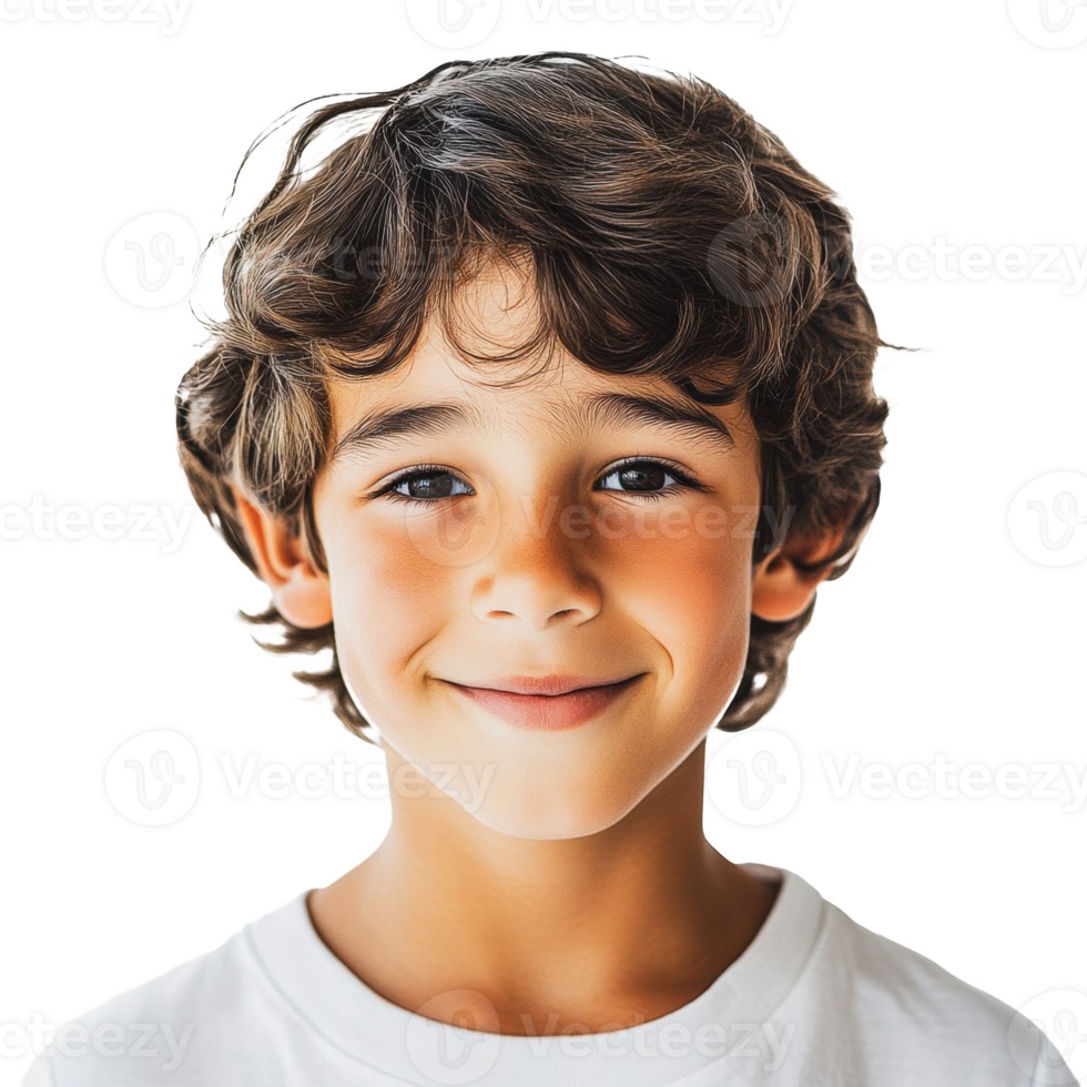 Smiling boy with curly hair on white png
