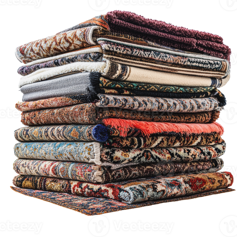 Stacked colorful rugs on a white background png