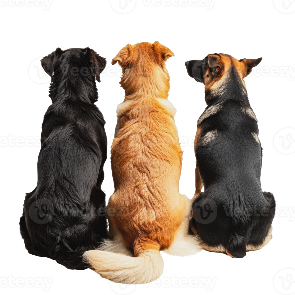 Three dogs sitting together, facing away indoors png