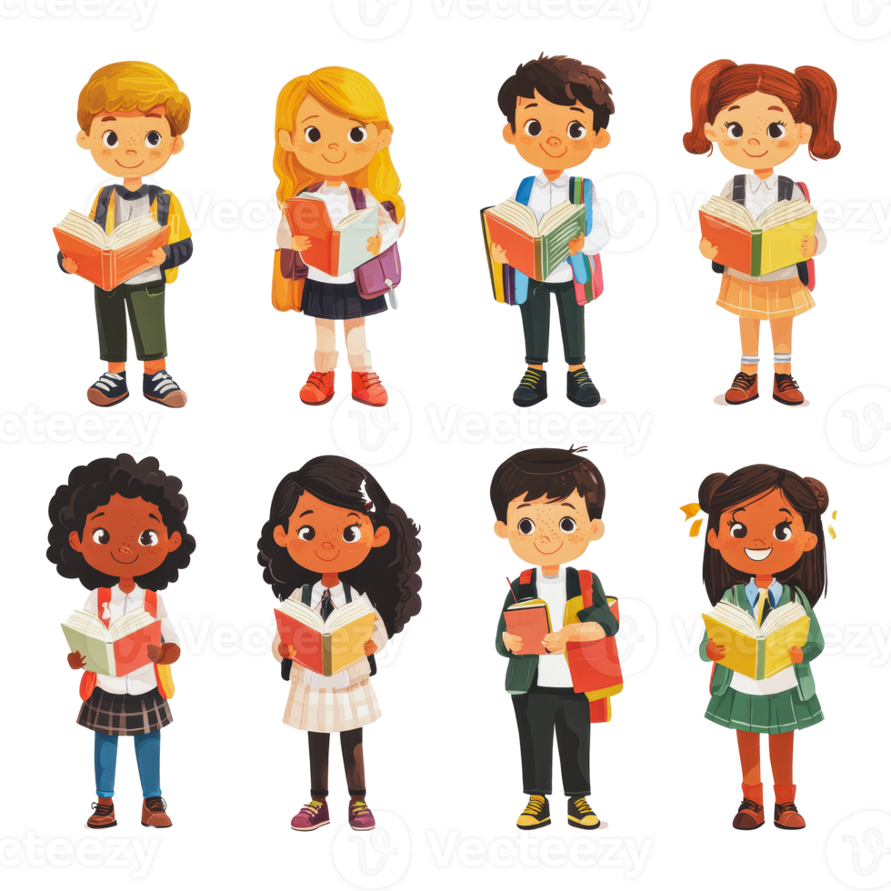Children reading books in a colorful classroom png