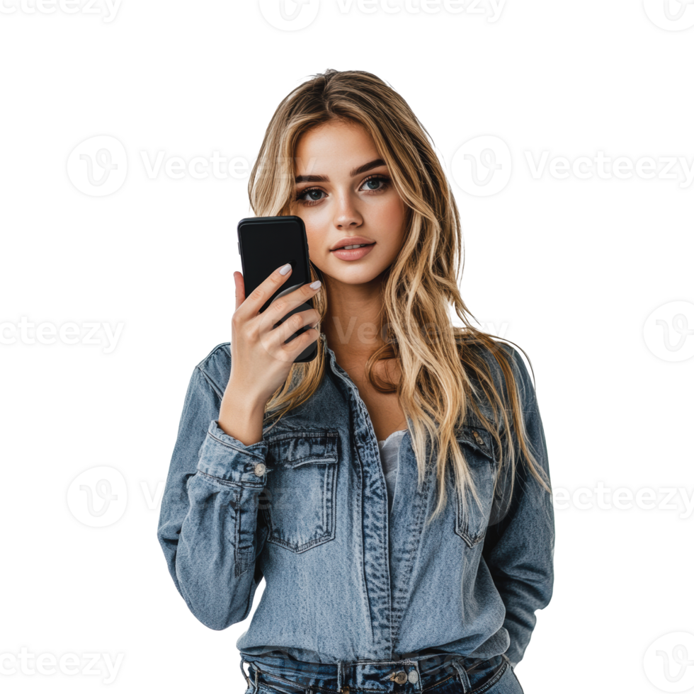 'Young woman with smartphone on white' png