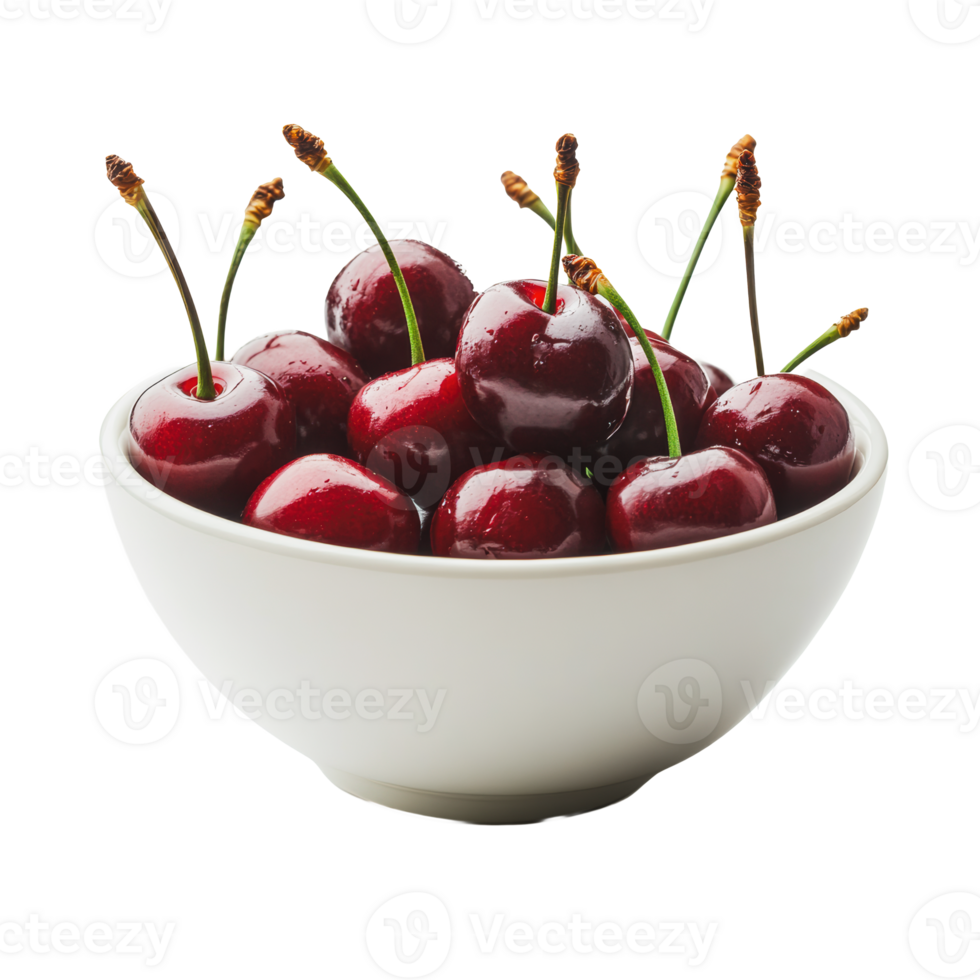 Cherries in a white bowl on plain background png