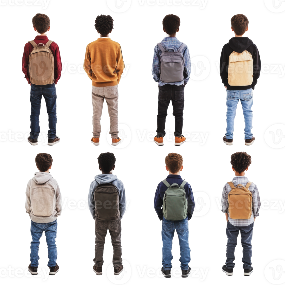 Young boys with backpacks standing in a row png